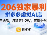 206独家暴利，拼多多虚拟AI店，不用选品，月稳定1-2W，可副业全职！