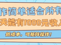操作简单适合所有人全自动挂机项目，一天能有1000元收入，低成本，可矩…