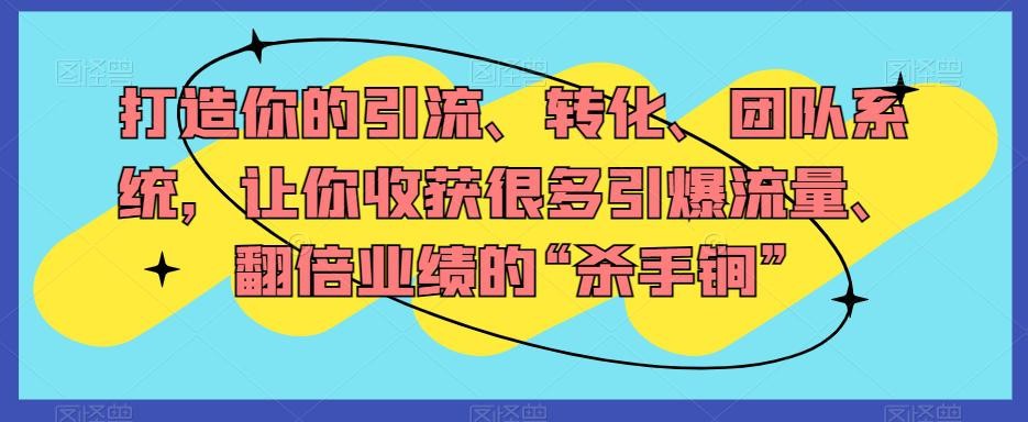 打造你的引流、转化、团队系统，让你收获很多引爆流量、翻倍业绩的“杀手锏” ...