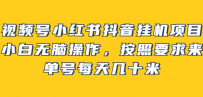 视频号小红书抖音挂机项目，小白无脑操作，按照要求来，单号每天几十米