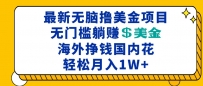 最新海外无脑撸美金项目，无门槛躺赚美金，海外挣钱国内花，月入一万加