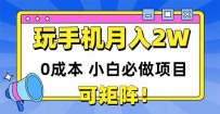 玩玩手机月入20000+，0成本小白必做项目，可矩阵