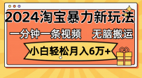 一分钟一条视频，无脑搬运，小白轻松月入6万+2024淘宝暴力新玩法，可批量