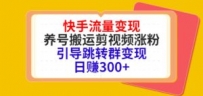 快手流量变现，养号搬运剪视频涨粉，引导跳转群变现日赚300+