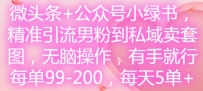 微头条+公众号小绿书，精准引流男粉到私域卖套图，无脑操作，有手就行，每单99-200，每天5单