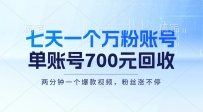 七天一个万粉账号，新手小白秒上手，单账号回收700元，轻松月入三万＋